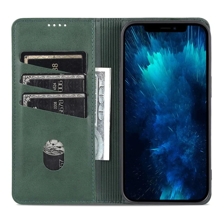 AZNS Anti-drop Phone Case for iPhone 14 6.1 inch PU Leather Folio Cover Wallet Style Magnetic Absorption Protective Shell Viewing Stand - Green