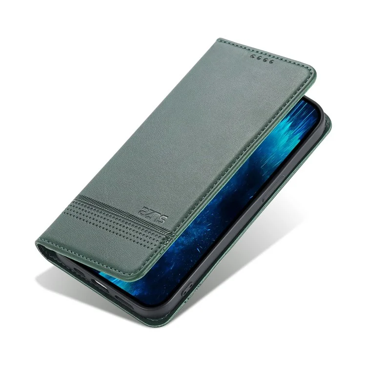 AZNS Anti-drop Phone Case for iPhone 14 6.1 inch PU Leather Folio Cover Wallet Style Magnetic Absorption Protective Shell Viewing Stand - Green