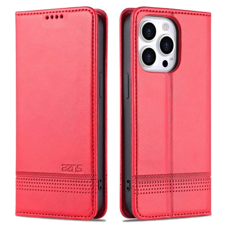 AZNS For iPhone 14 Pro Max 6.7 inch Full Protection PU Leather Magnetic Closure Phone Case Wallet Stand Anti-scratch Flip Cover - Red