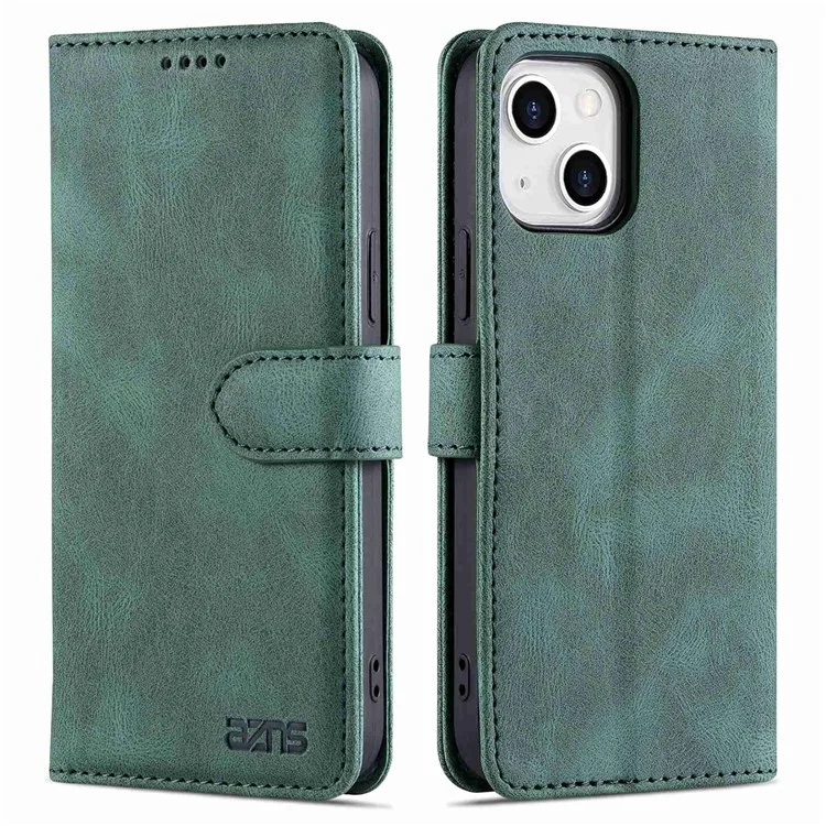 AZNS For iPhone 14 6.1 inch Drop-proof PU Leather Wallet Case Card Holder Magnetic Closure Stand Anti-scratch Phone Cover - Green