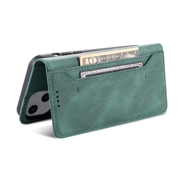 AZNS For iPhone 14 6.1 inch Drop-proof PU Leather Wallet Case Card Holder Magnetic Closure Stand Anti-scratch Phone Cover - Green