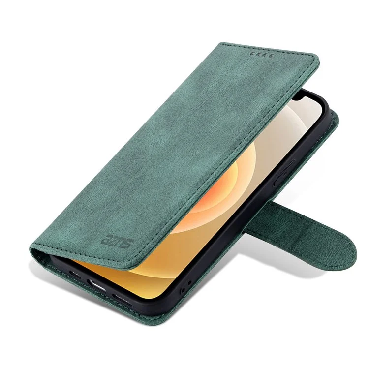 AZNS For iPhone 14 6.1 inch Drop-proof PU Leather Wallet Case Card Holder Magnetic Closure Stand Anti-scratch Phone Cover - Green