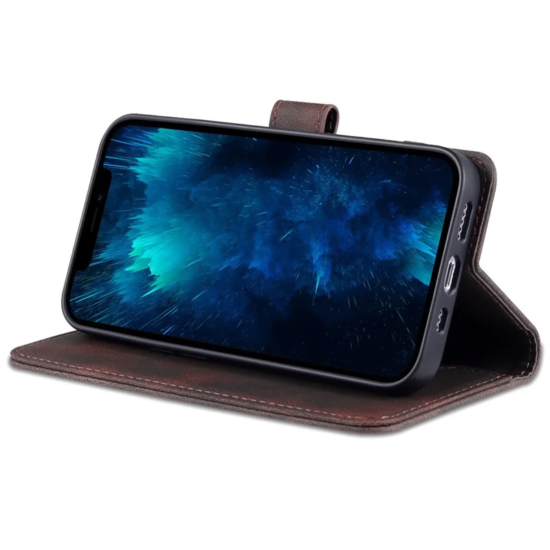 AZNS For iPhone 14 Pro 6.1 inch Anti-drop PU Leather Wallet Case Magnetic Closure Stand Shockproof Protective Phone Flip Cover - Brown