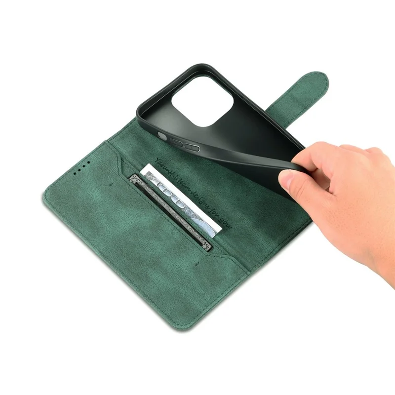 AZNS For iPhone 14 Pro Max 6.7 inch Anti-fall PU Leather Wallet Case Magnetic Closure Stand Scratch Resistant Phone Cover - Green