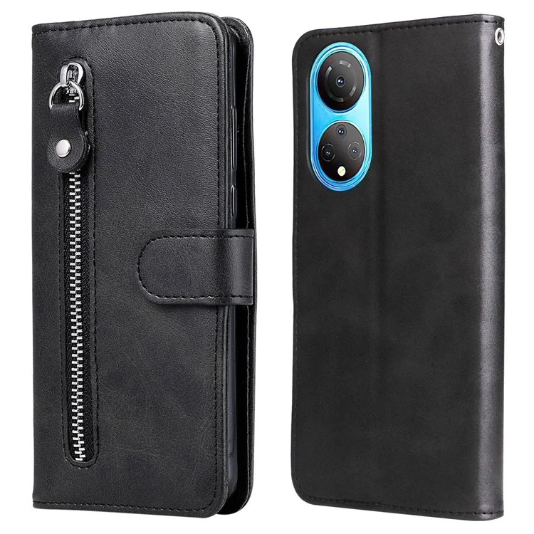 Für Ehren X7/spiel 30 Plus 5G Wallet Phone Hülle PU Leder Reißverschluss Pocket Pocket Ständer Design Magnetic Closure Cover - Schwarz