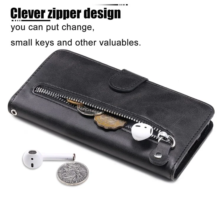 Für Ehren X7/spiel 30 Plus 5G Wallet Phone Hülle PU Leder Reißverschluss Pocket Pocket Ständer Design Magnetic Closure Cover - Schwarz