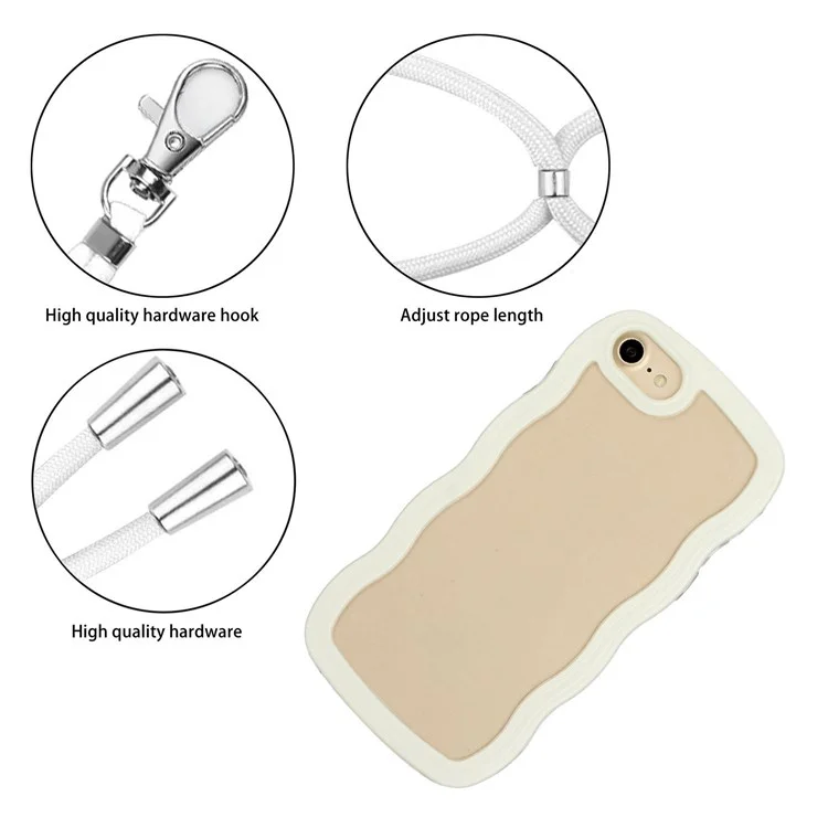 For iPhone 7/8/SE (2020)/SE (2022) Wavy Edge PC + TPU Phone Case Color Frame Transparent Back Cover with Adjustable Lanyard - White