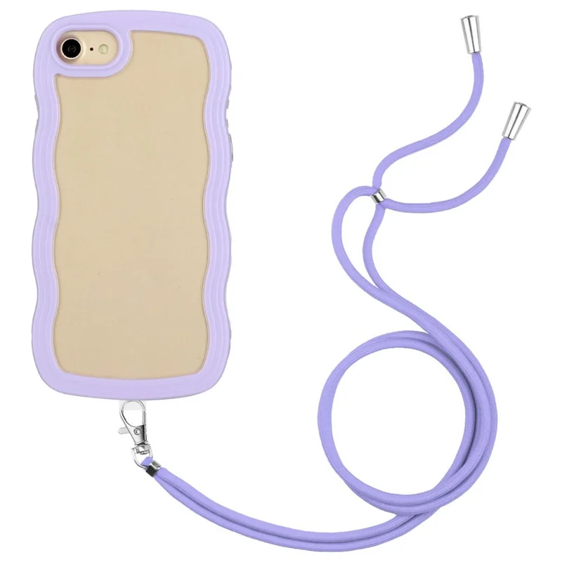 For iPhone 7/8/SE (2020)/SE (2022) Wavy Edge PC + TPU Phone Case Color Frame Transparent Back Cover with Adjustable Lanyard - Purple