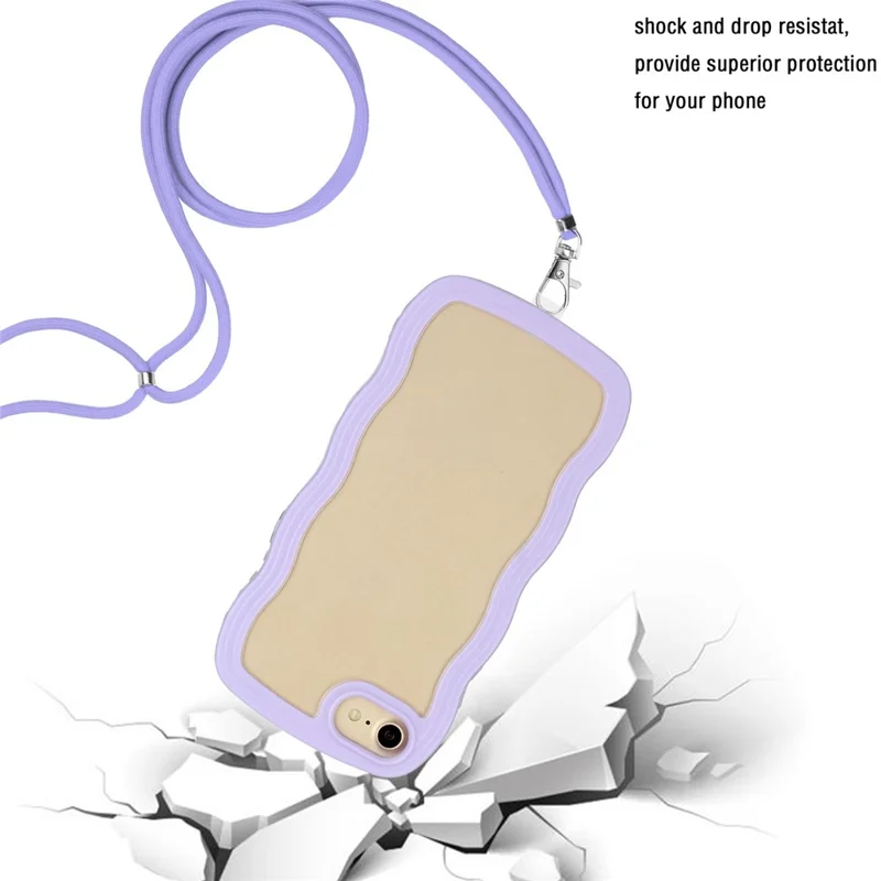For iPhone 7/8/SE (2020)/SE (2022) Wavy Edge PC + TPU Phone Case Color Frame Transparent Back Cover with Adjustable Lanyard - Purple
