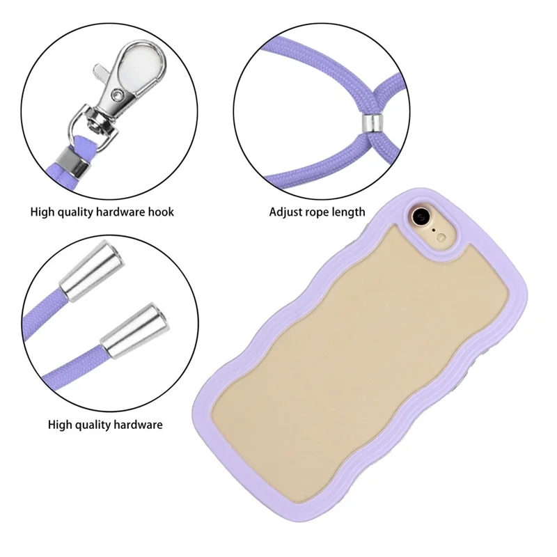 For iPhone 7/8/SE (2020)/SE (2022) Wavy Edge PC + TPU Phone Case Color Frame Transparent Back Cover with Adjustable Lanyard - Purple