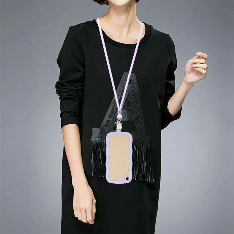 For iPhone 7/8/SE (2020)/SE (2022) Wavy Edge PC + TPU Phone Case Color Frame Transparent Back Cover with Adjustable Lanyard - Purple