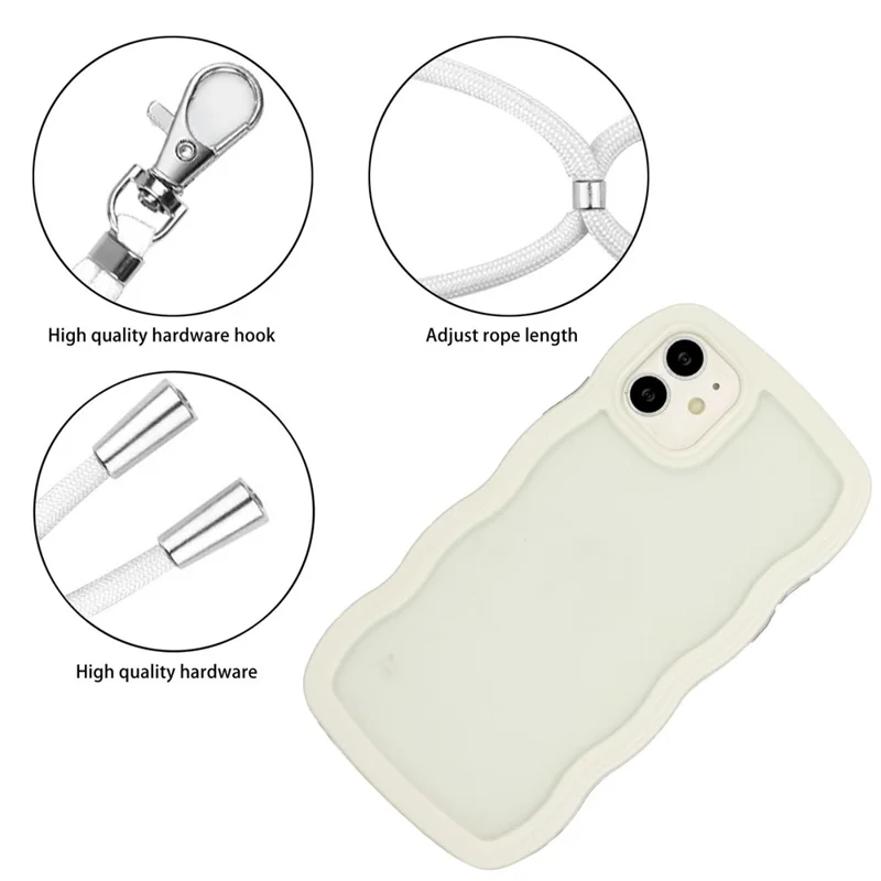 For iPhone 11 6.1 inch Impact Resistant Wavy Edge Color Frame Transparent Back Cover with Adjustable Lanyard PC + TPU Phone Case - White