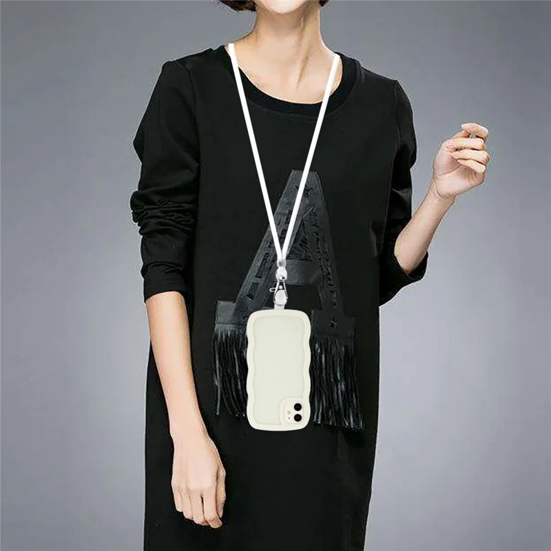 For iPhone 11 6.1 inch Impact Resistant Wavy Edge Color Frame Transparent Back Cover with Adjustable Lanyard PC + TPU Phone Case - White