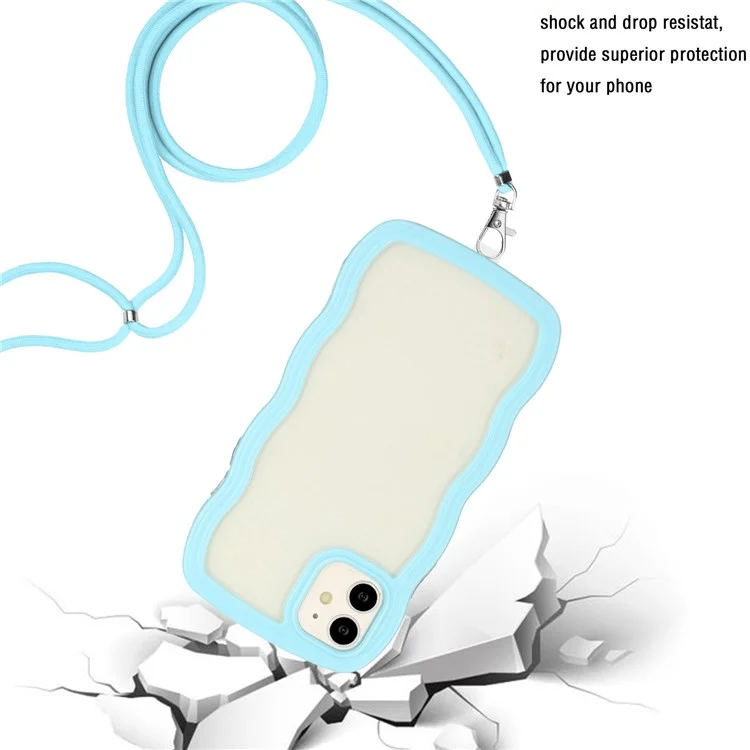 For iPhone 11 6.1 inch Impact Resistant Wavy Edge Color Frame Transparent Back Cover with Adjustable Lanyard PC + TPU Phone Case - Sky Blue