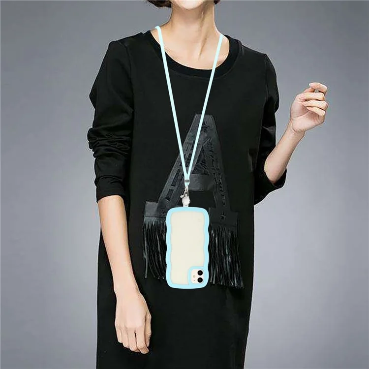 For iPhone 11 6.1 inch Impact Resistant Wavy Edge Color Frame Transparent Back Cover with Adjustable Lanyard PC + TPU Phone Case - Sky Blue