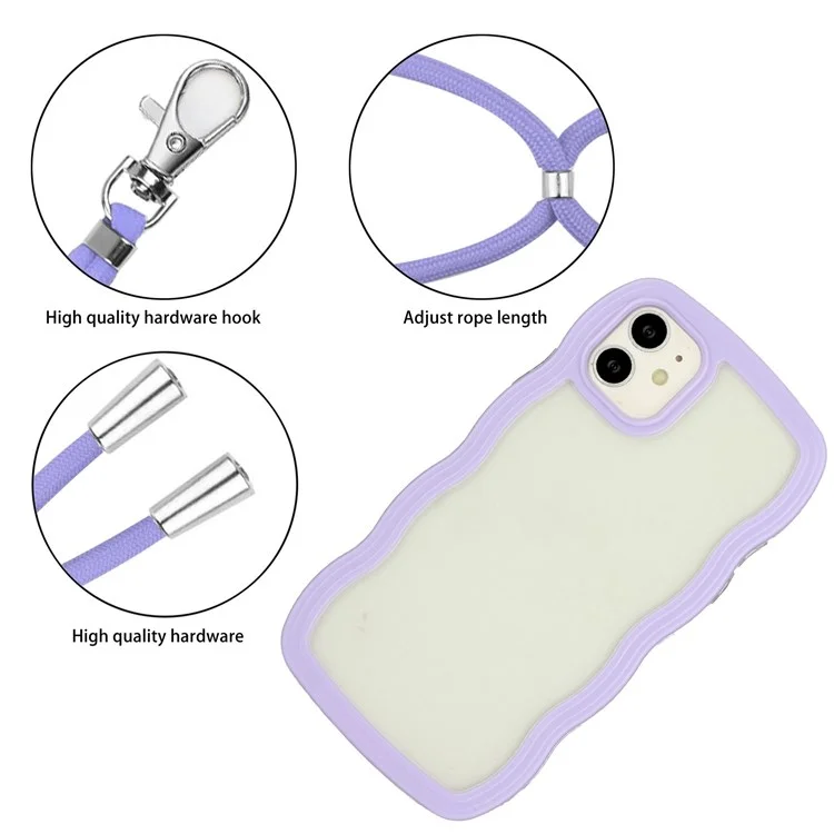 Pour iPhone 11 6.1 pouces Boîtier de protection résistant aux chocs avec bordure de couleur ondulée, dos transparent avec dragonne réglable Coque de téléphone PC + TPU - Violet