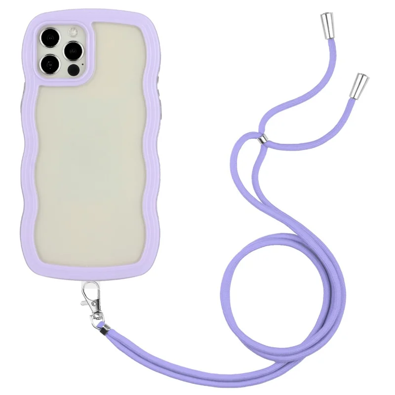 For iPhone 12/12 Pro 6.1 inch Wavy Edge Color Frame Transparent Back Cover with Adjustable Lanyard Bump Proof PC + TPU Phone Case - Purple