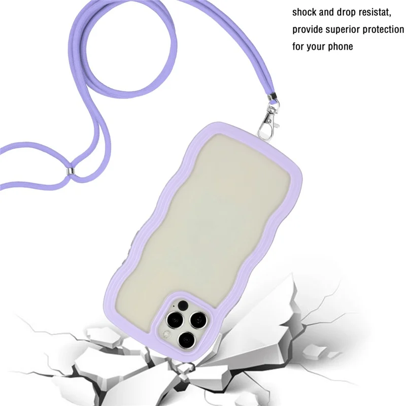 For iPhone 12/12 Pro 6.1 inch Wavy Edge Color Frame Transparent Back Cover with Adjustable Lanyard Bump Proof PC + TPU Phone Case - Purple