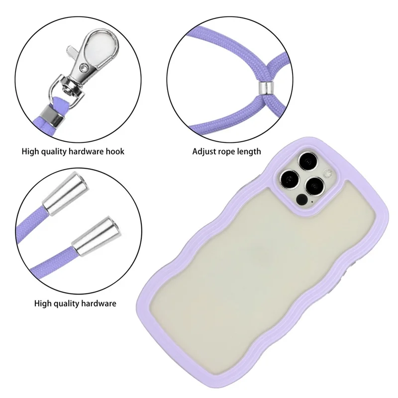 For iPhone 12/12 Pro 6.1 inch Wavy Edge Color Frame Transparent Back Cover with Adjustable Lanyard Bump Proof PC + TPU Phone Case - Purple