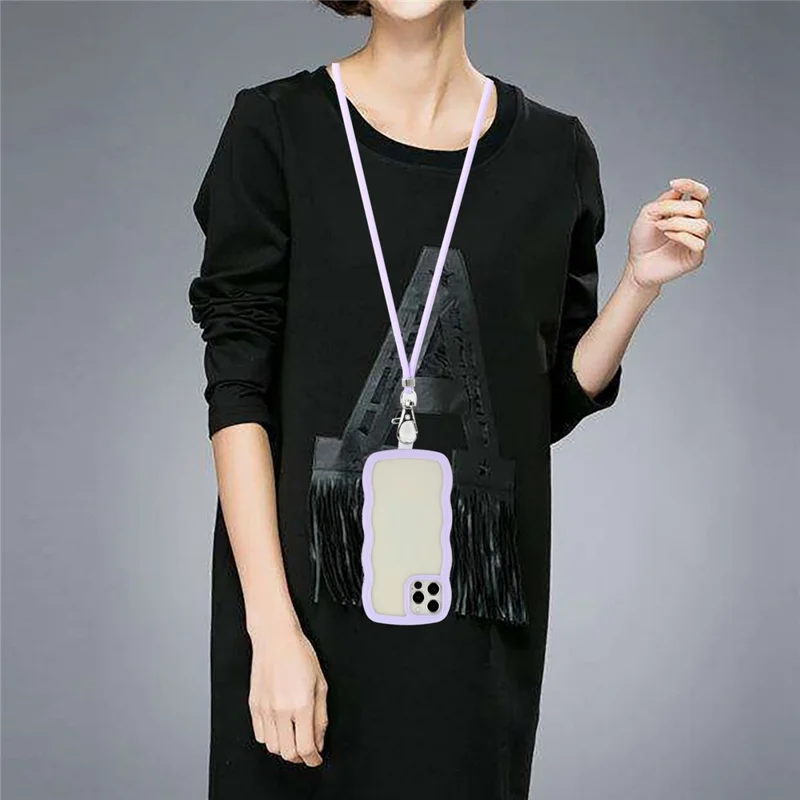 For iPhone 12/12 Pro 6.1 inch Wavy Edge Color Frame Transparent Back Cover with Adjustable Lanyard Bump Proof PC + TPU Phone Case - Purple