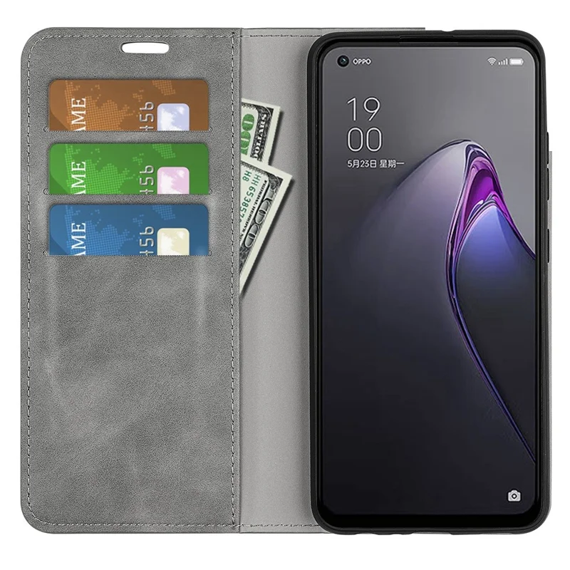 Für Oppo Reno8 5G (Global Version) / Reno8 5G PU-Leder-Mappe mit Geldbörse, Flip-Folio-Ständer, hautähnliche Oberfläche, Schutzhülle - Grau