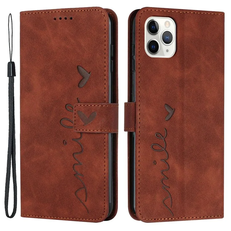Herzförmiges Prägung-Case für iPhone 12/12 Pro 6.1 Zoll, Anti-Drop Skin-Touch-Gefühl PU-Leder Steh-Geldbörsen-Handyhülle mit Riemen - Braun