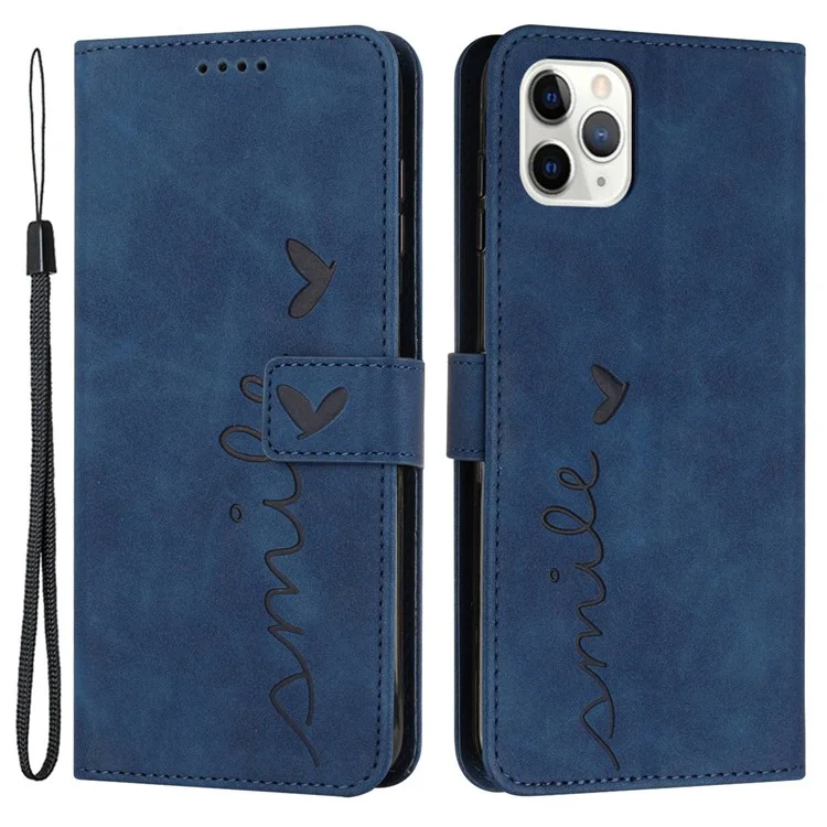 Heart Shape Imprinted Case for iPhone 12 Pro Max 6.7 inch, Skin-touch Feeling PU Leather Stand Wallet Phone Shell with Strap - Sapphire