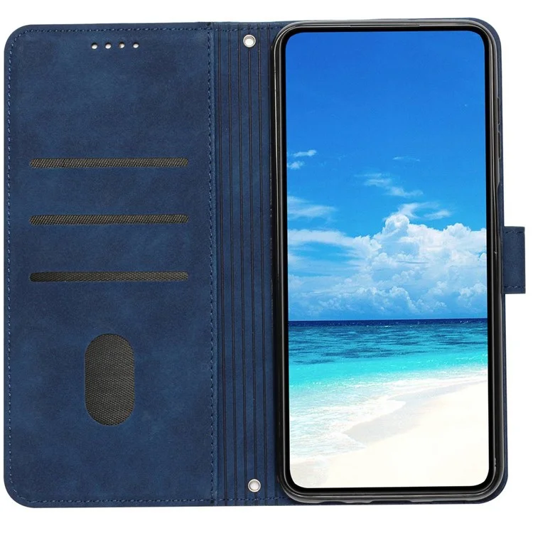 Heart Shape Imprinted Case for iPhone 12 Pro Max 6.7 inch, Skin-touch Feeling PU Leather Stand Wallet Phone Shell with Strap - Sapphire
