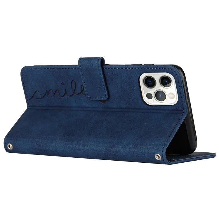 Heart Shape Imprinted Case for iPhone 12 Pro Max 6.7 inch, Skin-touch Feeling PU Leather Stand Wallet Phone Shell with Strap - Sapphire