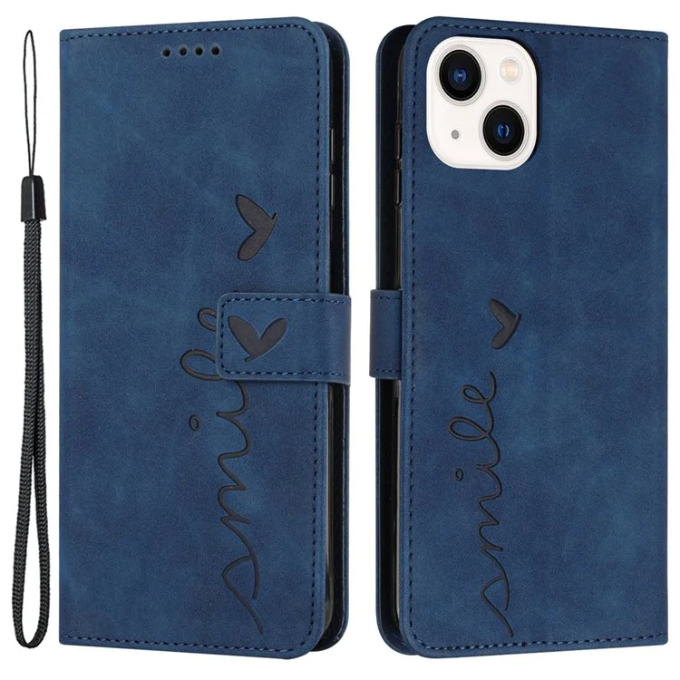 Para iPhone 13 6.1 polegadas Horizontal Stand Heart Shape Imprinted Skin-touch Feeling Case PU Leather Wallet Phone Shell with Strap - Safira