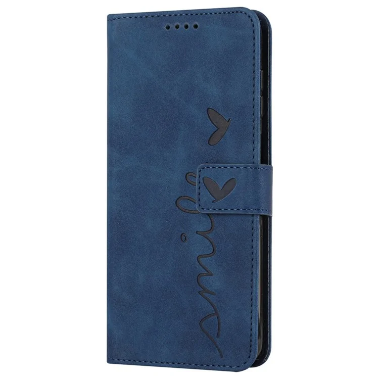 Para iPhone 13 6.1 polegadas Horizontal Stand Heart Shape Imprinted Skin-touch Feeling Case PU Leather Wallet Phone Shell with Strap - Safira