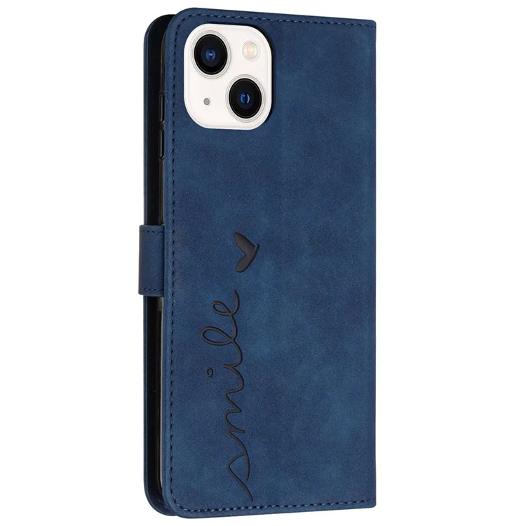 Para iPhone 13 6.1 polegadas Horizontal Stand Heart Shape Imprinted Skin-touch Feeling Case PU Leather Wallet Phone Shell with Strap - Safira