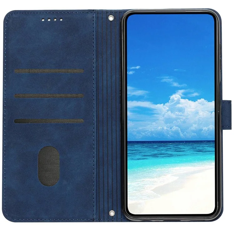 Para iPhone 13 6.1 polegadas Horizontal Stand Heart Shape Imprinted Skin-touch Feeling Case PU Leather Wallet Phone Shell with Strap - Safira