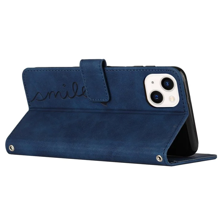 Para iPhone 13 6.1 polegadas Horizontal Stand Heart Shape Imprinted Skin-touch Feeling Case PU Leather Wallet Phone Shell with Strap - Safira