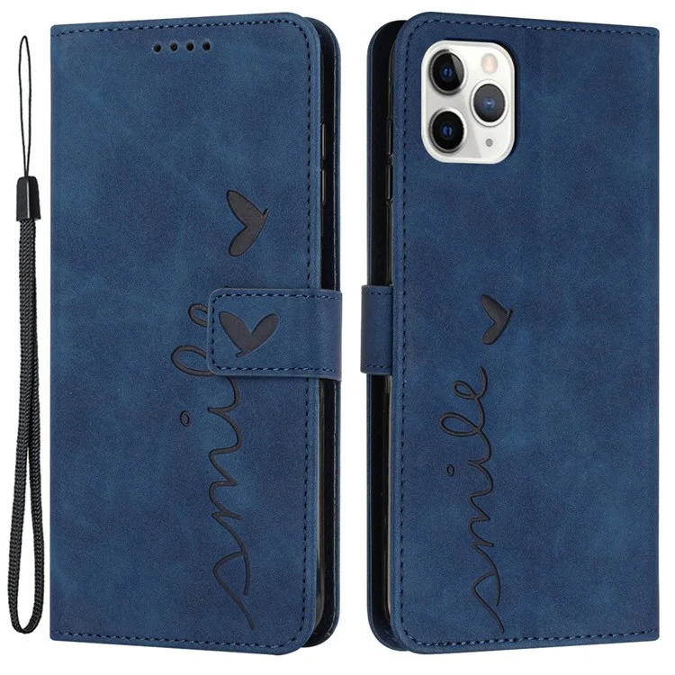 Para Iphone 13 Pro 6.1 Pulgadas Heart Forma Impresión de la Piel Touch Case de Sentimiento PU pu Cuero Visualización de la Billetera Con Cáscara de Teléfono Con Correa - Zafiro