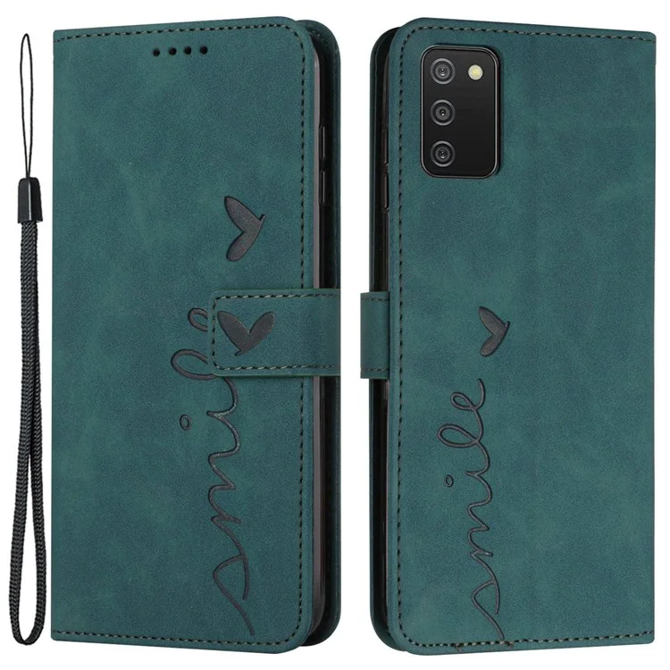 For Samsung Galaxy A03s (166.5 x 75.98 x 9.14mm), Well-protected Skin-touch Feeling Heart Shape Imprinted Phone Case Wallet Stand Feature PU Leather Shell with Strap - Green