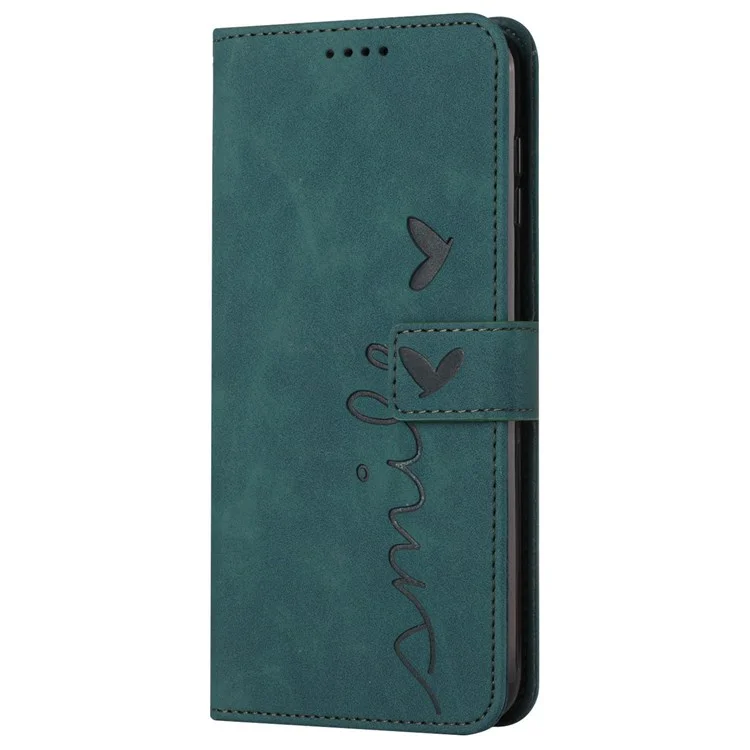 For Samsung Galaxy A03s (166.5 x 75.98 x 9.14mm), Well-protected Skin-touch Feeling Heart Shape Imprinted Phone Case Wallet Stand Feature PU Leather Shell with Strap - Green