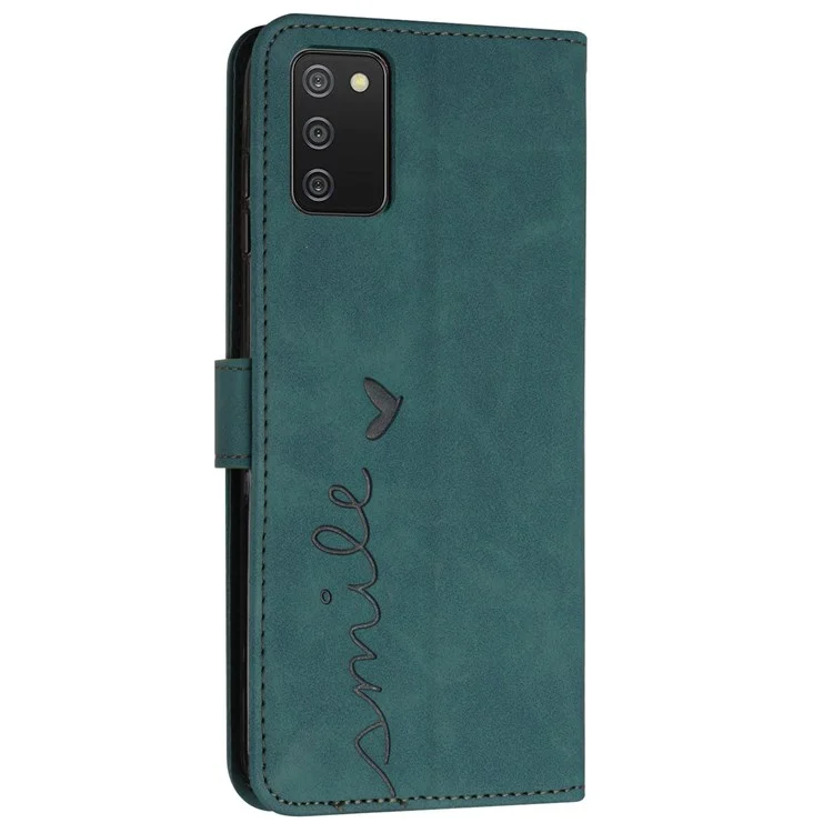 For Samsung Galaxy A03s (166.5 x 75.98 x 9.14mm), Well-protected Skin-touch Feeling Heart Shape Imprinted Phone Case Wallet Stand Feature PU Leather Shell with Strap - Green