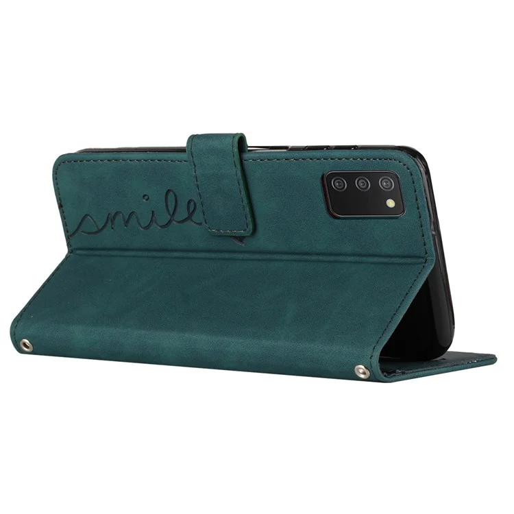 For Samsung Galaxy A03s (166.5 x 75.98 x 9.14mm), Well-protected Skin-touch Feeling Heart Shape Imprinted Phone Case Wallet Stand Feature PU Leather Shell with Strap - Green