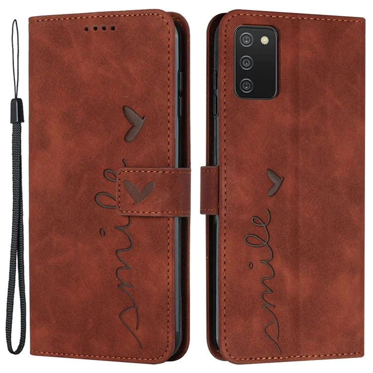For Samsung Galaxy A03s (164.2 x 75.9 x 9.1mm), Skin-touch Feeling Heart Shape Imprinted Phone Case Anti-drop PU Leather Wallet Stand Protective Shell with Strap - Brown