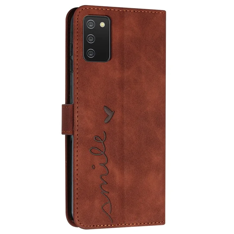 For Samsung Galaxy A03s (164.2 x 75.9 x 9.1mm), Skin-touch Feeling Heart Shape Imprinted Phone Case Anti-drop PU Leather Wallet Stand Protective Shell with Strap - Brown
