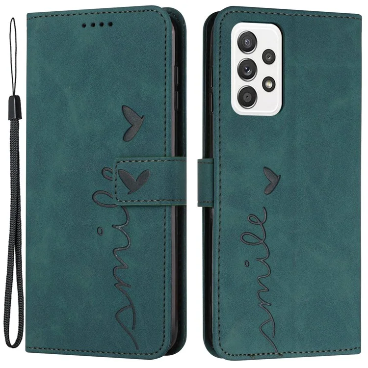 Heart Shape Imprinted Phone Case for Samsung Galaxy A53 5G, Shockproof Anti-fall Magnetic PU Leather Skin-touch Feeling Wallet Stand Shell with Strap - Green