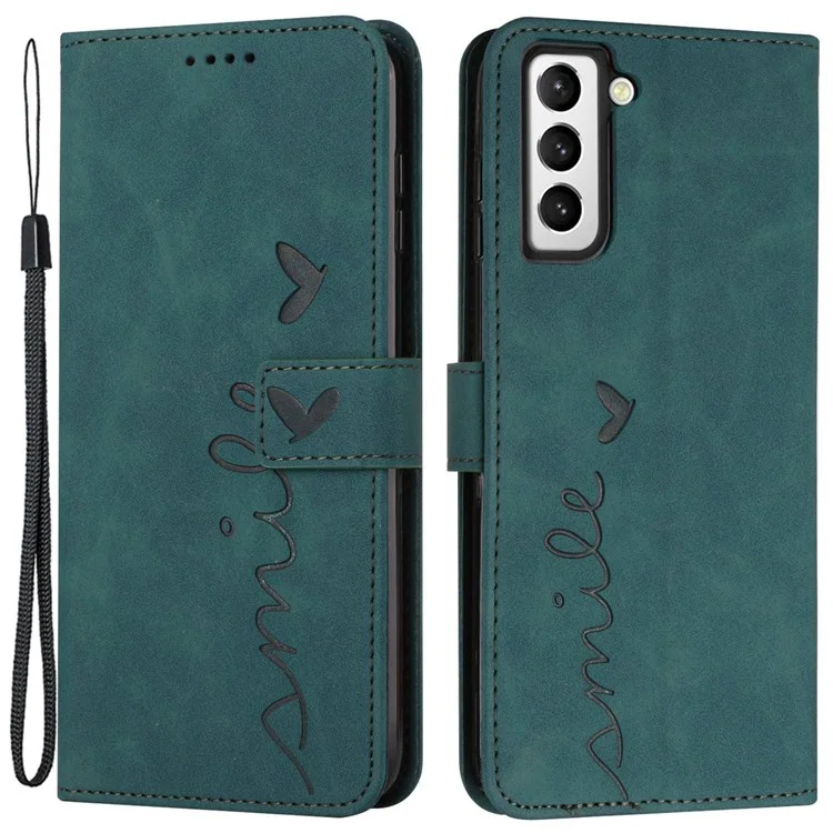 Heart Shape Imprinted Case for Samsung Galaxy S22 5G, Skin-touch Feeling Anti-shock PU Leather Dual-sided Magnetic Clasp Wallet Stand Shell with Strap - Green