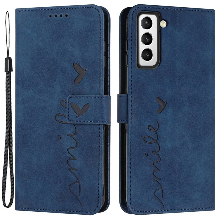 Étui à forme de cœur imprimé pour Samsung Galaxy S22 5G, sensation de toucher de la peau, antichoc en cuir PU à fermeture magnétique double face avec support et dragonne - Saphir
