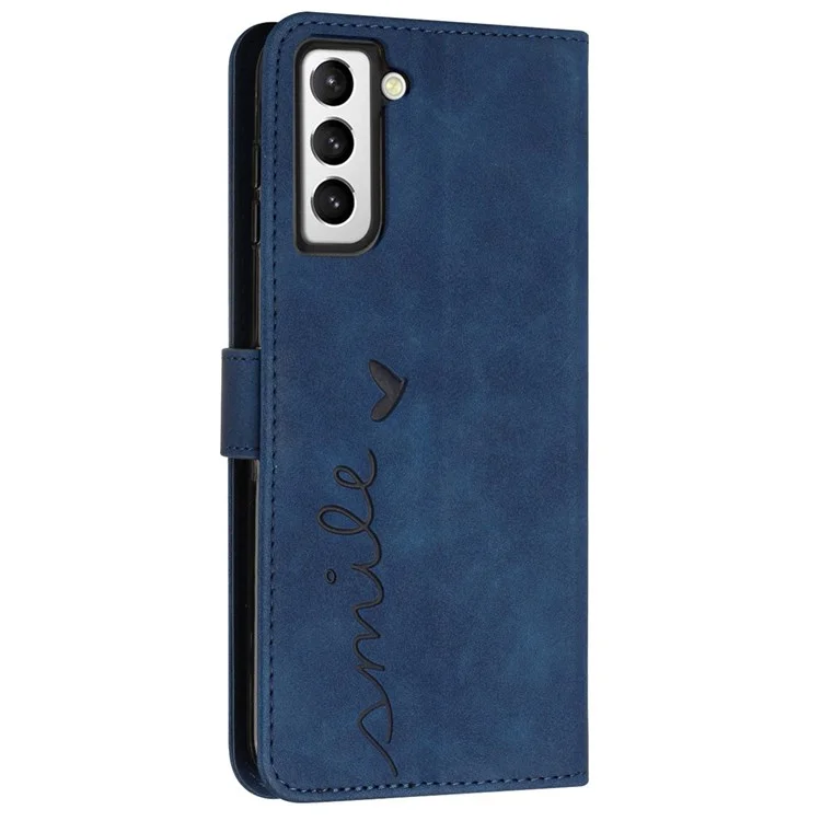 Étui à forme de cœur imprimé pour Samsung Galaxy S22 5G, sensation de toucher de la peau, antichoc en cuir PU à fermeture magnétique double face avec support et dragonne - Saphir