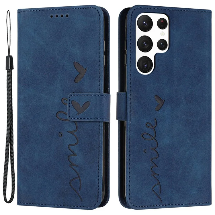 Heart Shape Imprinted Case for Samsung Galaxy S22 Ultra 5G, Anti-shock Phone Case Skin-touch Feeling PU Leather Wallet Stand Design Magnetic Cover with Strap - Sapphire