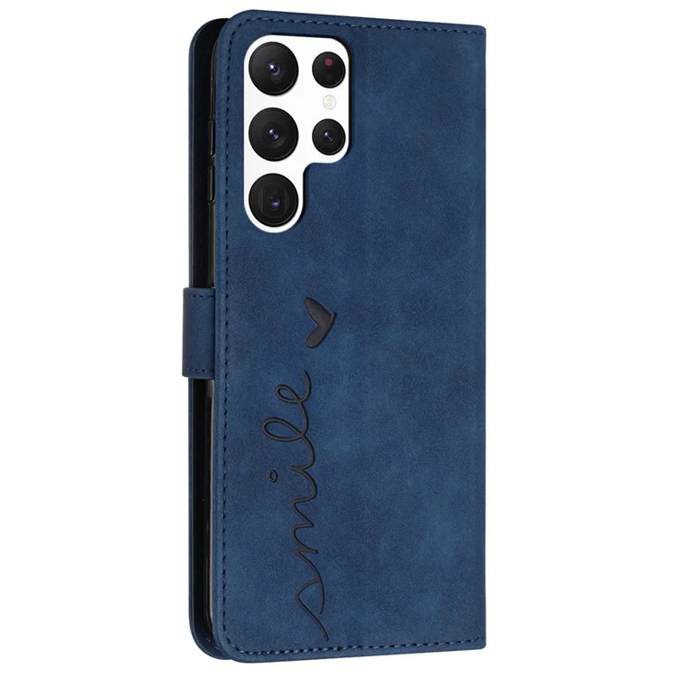 Heart Shape Imprinted Case for Samsung Galaxy S22 Ultra 5G, Anti-shock Phone Case Skin-touch Feeling PU Leather Wallet Stand Design Magnetic Cover with Strap - Sapphire