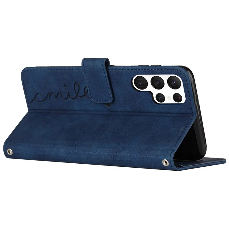 Heart Shape Imprinted Case for Samsung Galaxy S22 Ultra 5G, Anti-shock Phone Case Skin-touch Feeling PU Leather Wallet Stand Design Magnetic Cover with Strap - Sapphire