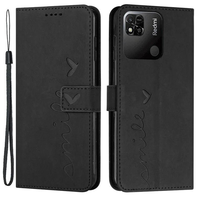 Pour Xiaomi Redmi 10c / Redmi 10 (inde) Cœur de Coeur Case de Portefeuille Imprimé Pour la Peau pu le Cuir Bracelet Bracele - le Noir