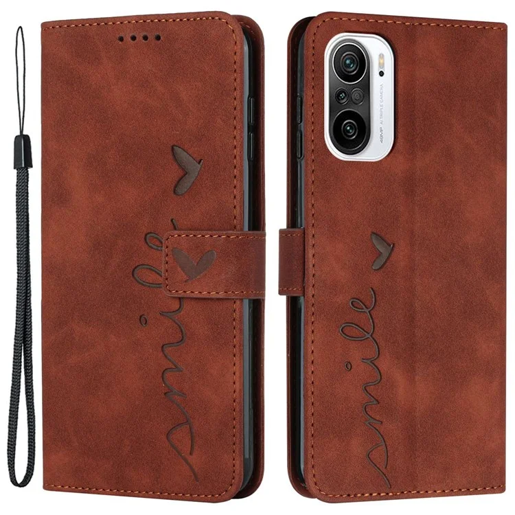 Para Xiaomi Redmi K40/K40 Pro/Poco F3/Mi 11i/Mi 11x/mi 11x Pro Wallet Case Heart Forma Imprimida Touch de Piel PU Cuero pu Cubierta Con Correa de Muñeca - Marrón